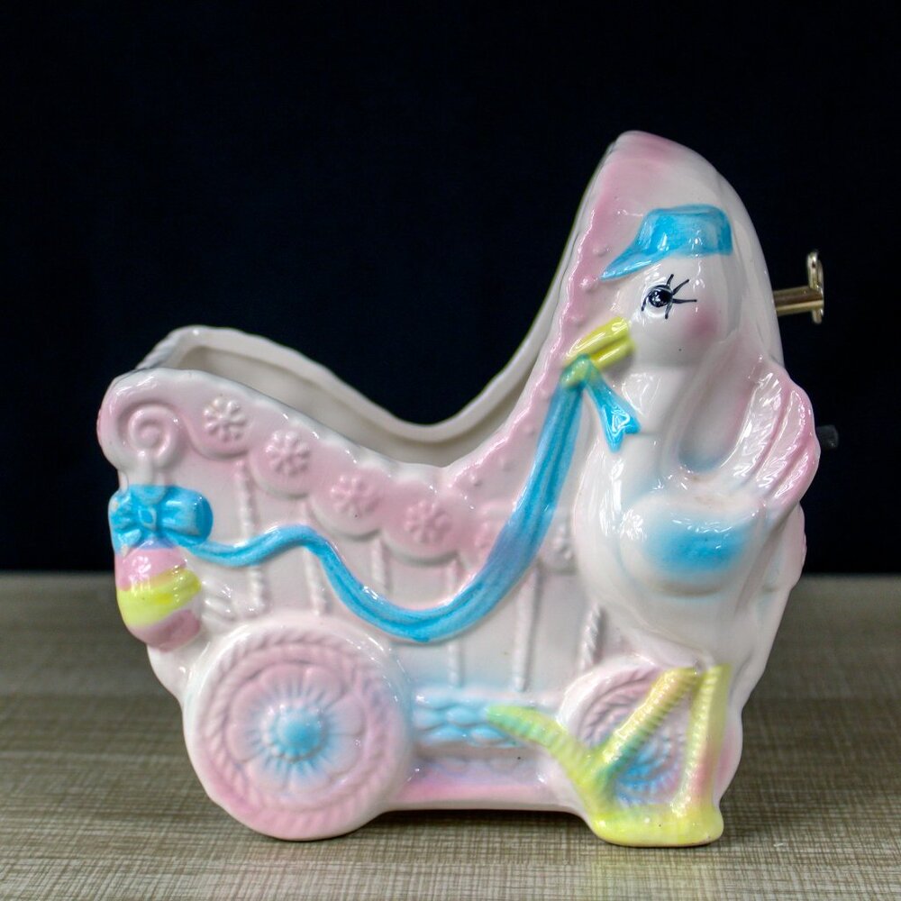 Vintage Rubens Original Ceramic Pink Baby Carriage Working Music Box Japan 60s